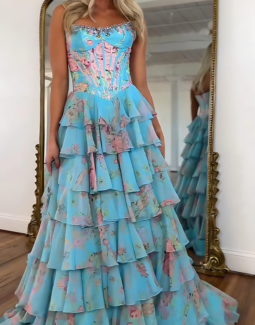 Sparkly Blue Floral Ruffled Long Corset Prom Dress with Slit