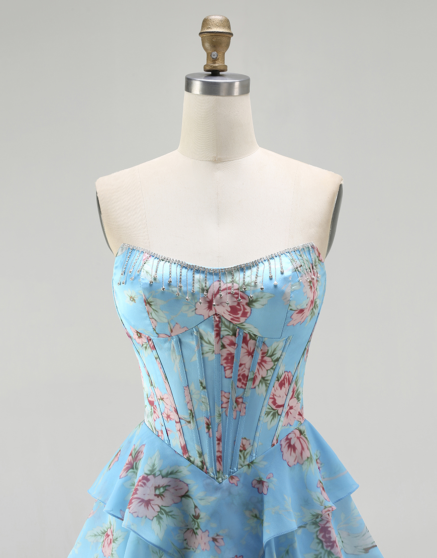 Sparkly Blue Floral Ruffled Long Corset Prom Dress with Slit