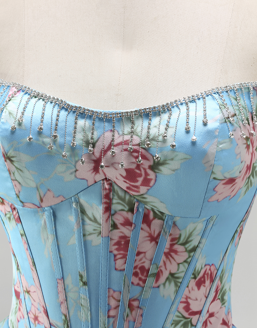 Sparkly Blue Floral Ruffled Long Corset Prom Dress with Slit