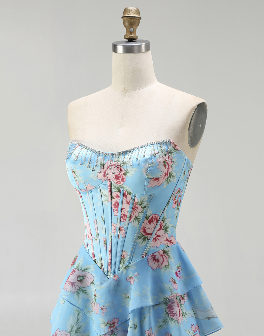 Sparkly Blue Floral Ruffled Long Corset Prom Dress with Slit