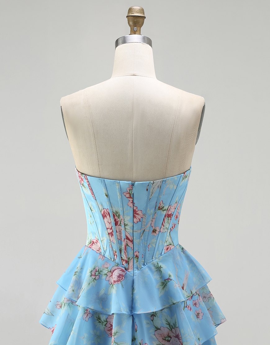 Sparkly Blue Floral Ruffled Long Corset Prom Dress with Slit