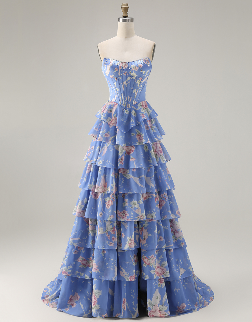 Sparkly Dark Blue Floral Corset Long Ruffled Tiered Prom Dress with Slit