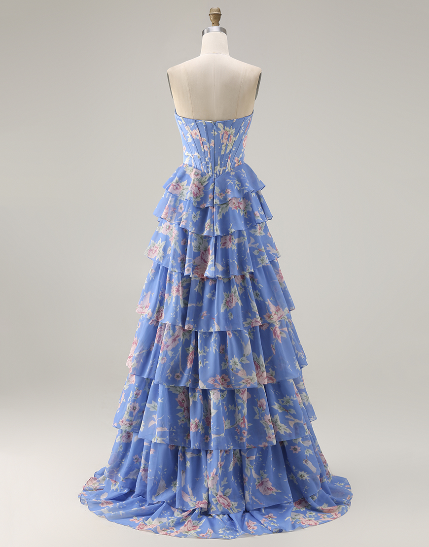 Sparkly Dark Blue Floral Corset Long Ruffled Tiered Prom Dress with Slit