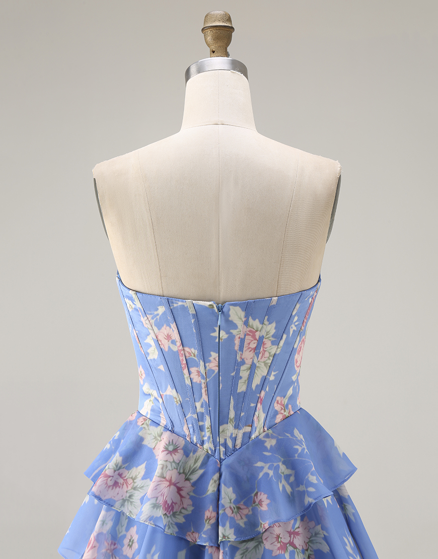 Sparkly Dark Blue Floral Corset Long Ruffled Tiered Prom Dress with Slit