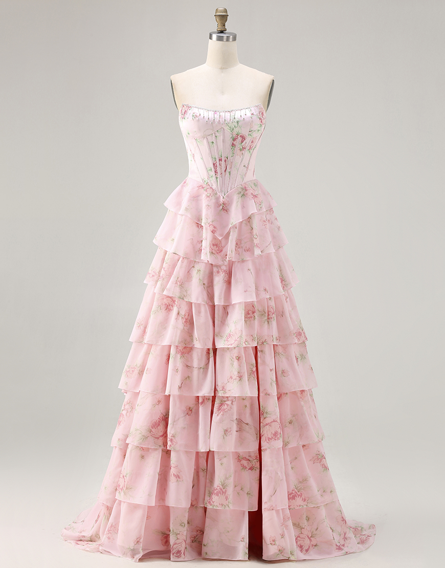 Sparkly Blue Floral Corset Long Ruffled Prom Dress with Slit