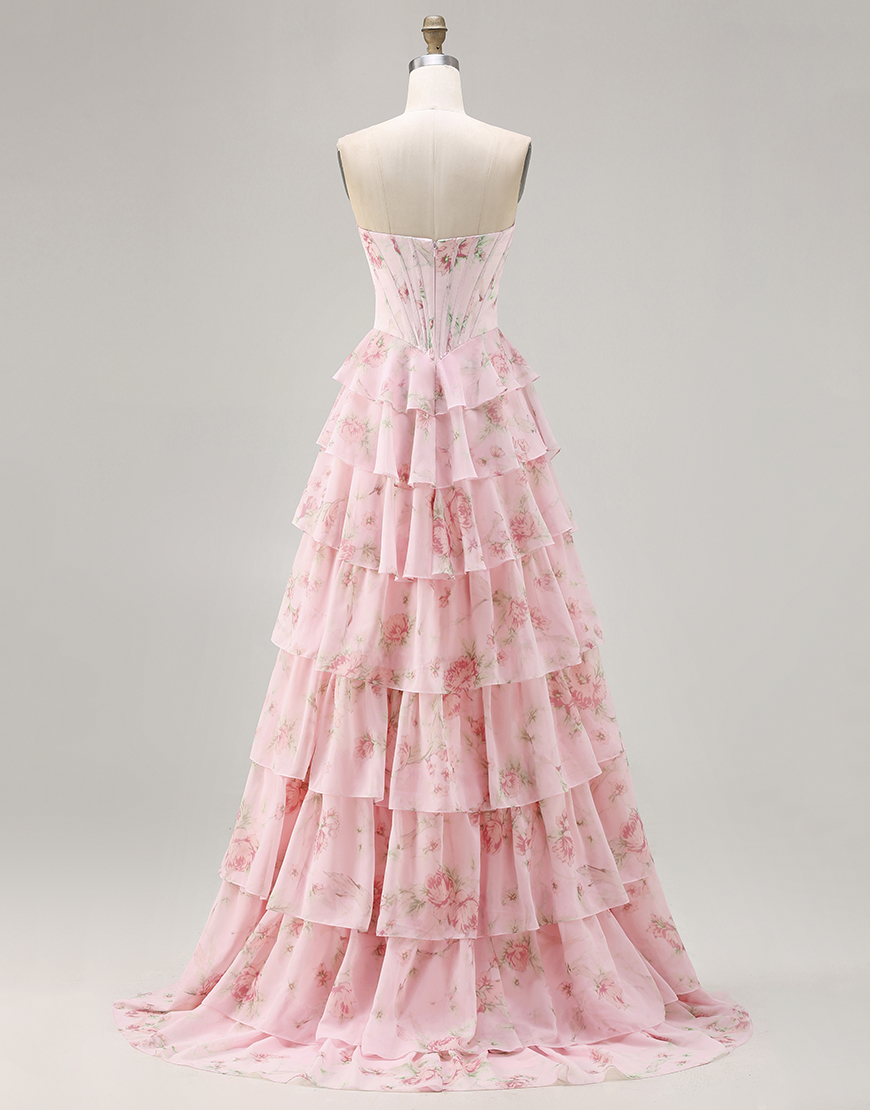 Sparkly Blue Floral Corset Long Ruffled Prom Dress with Slit