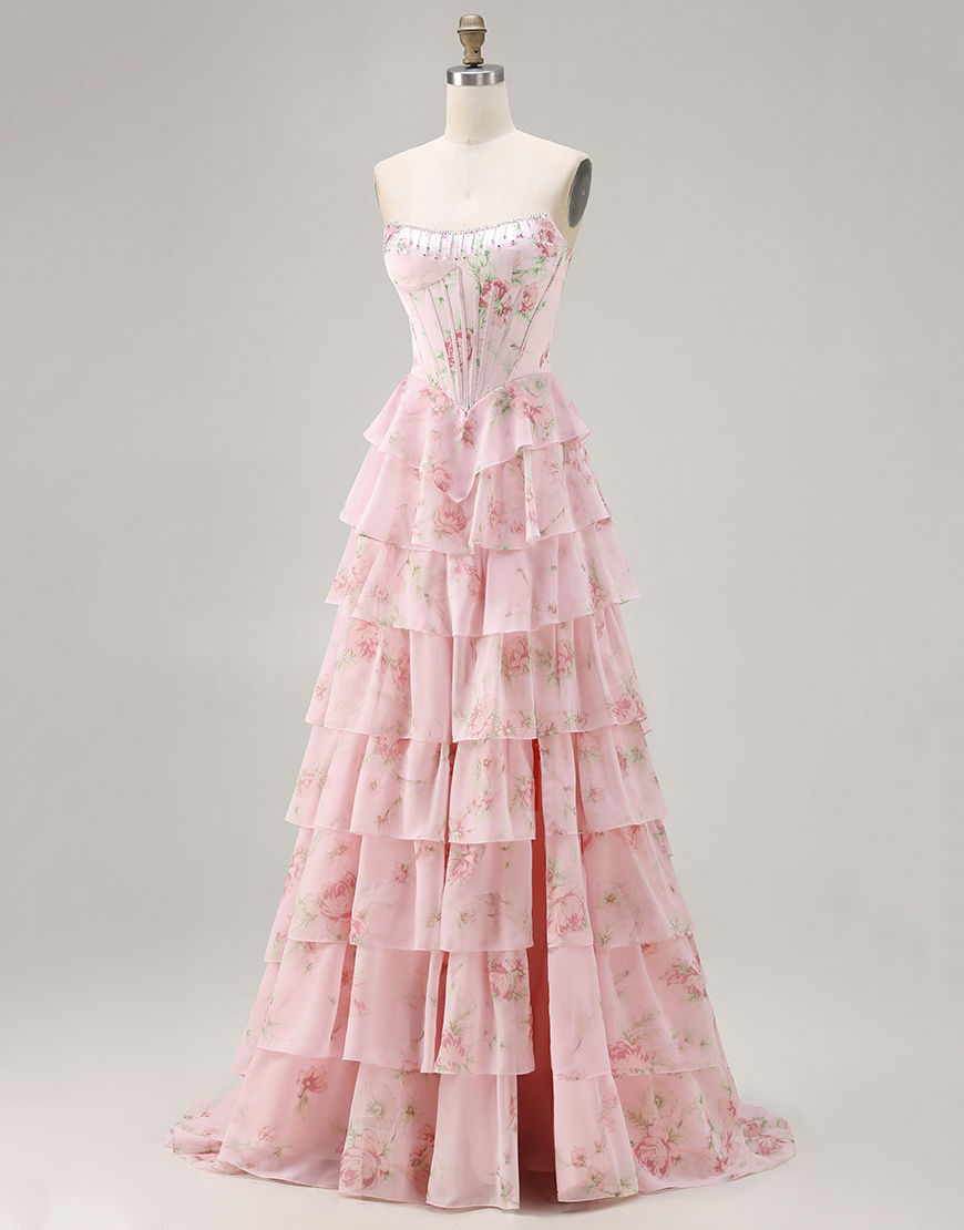 Sparkly Blue Floral Corset Long Ruffled Prom Dress with Slit