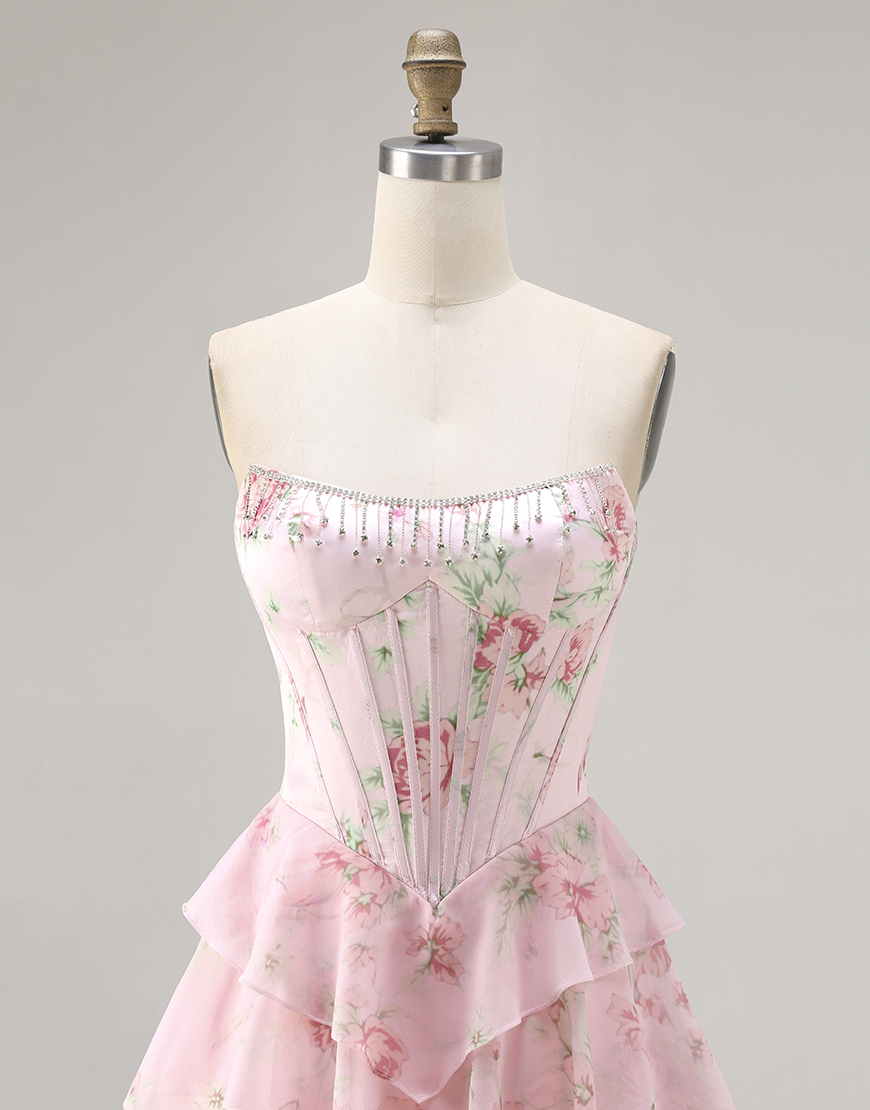 Sparkly Blue Floral Corset Long Ruffled Prom Dress with Slit