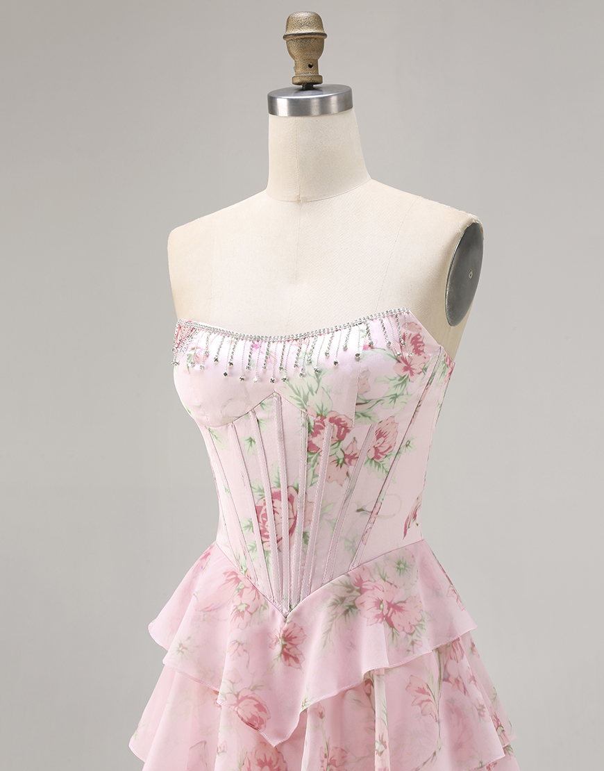 Sparkly Blue Floral Corset Long Ruffled Prom Dress with Slit