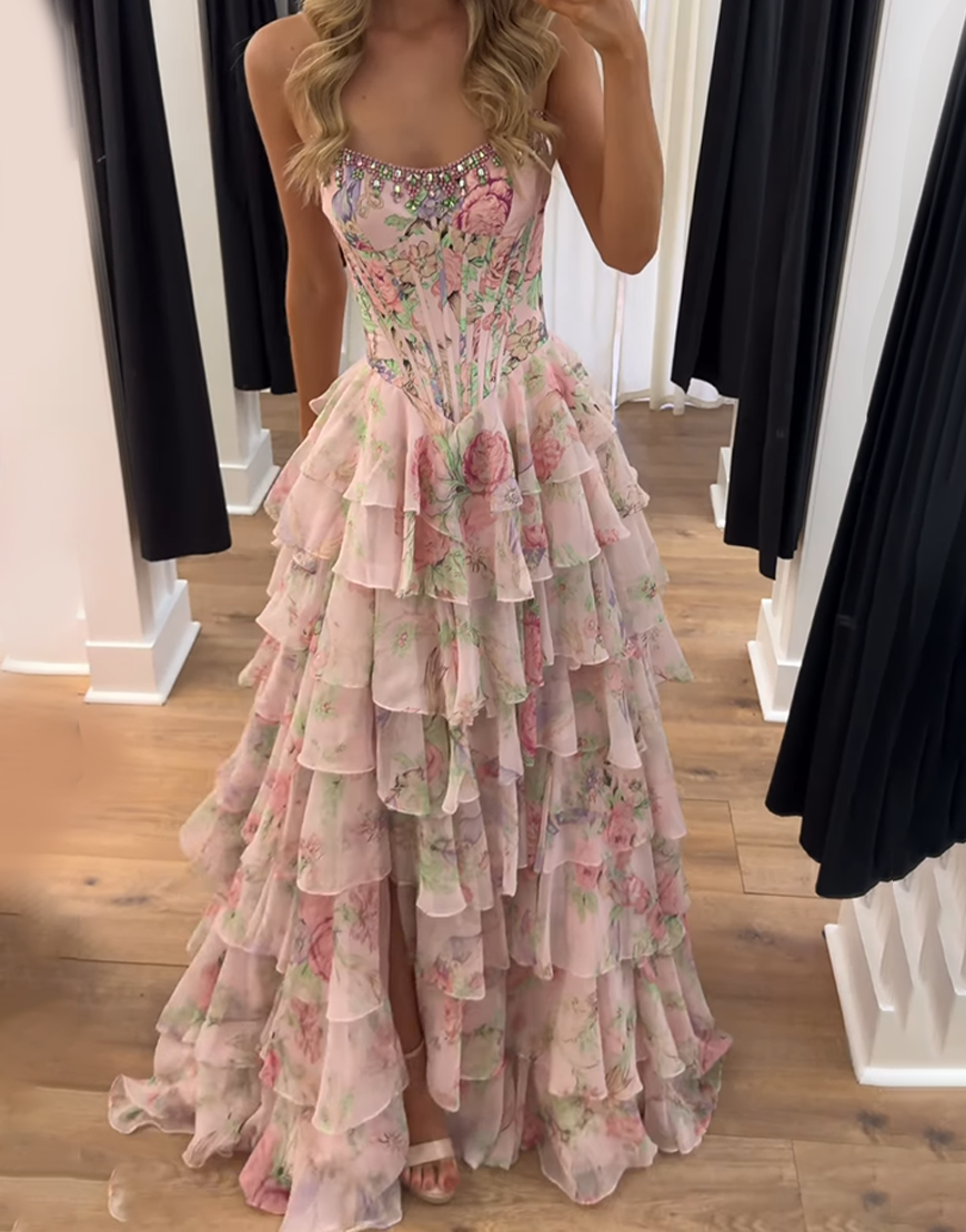 Sparkly Blue Floral Ruffled Long Corset Prom Dress with Slit