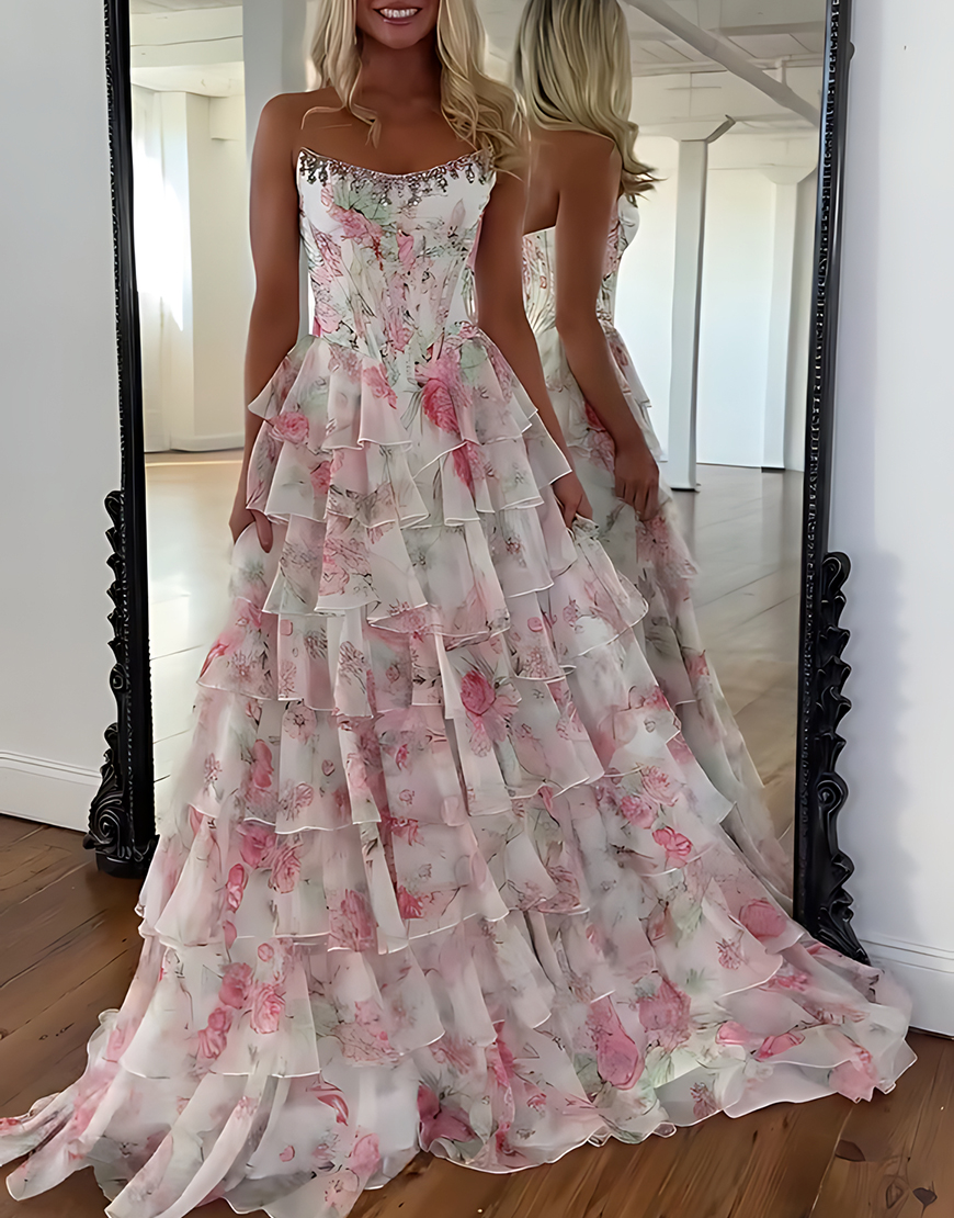 Sparkly Blue Floral Ruffled Long Corset Prom Dress with Slit