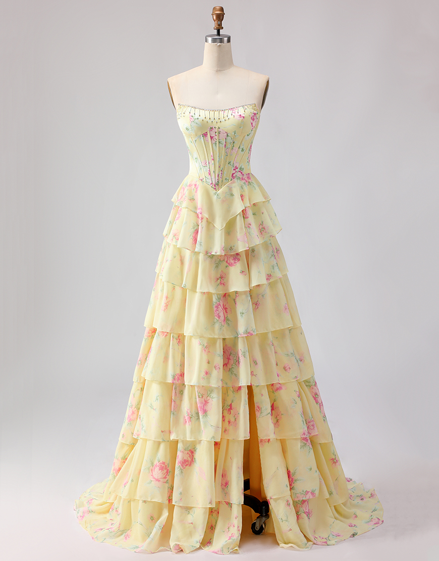 Sparkly Blue Floral Corset Long Ruffled Prom Dress with Slit