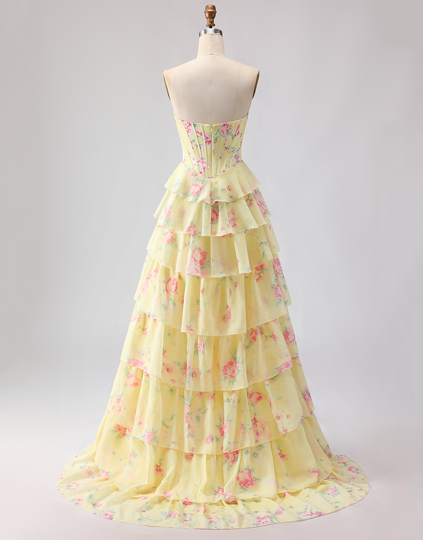 Sparkly Blue Floral Corset Long Ruffled Prom Dress with Slit