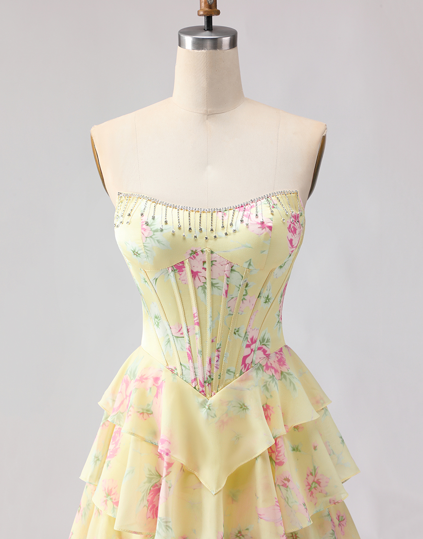 Sparkly Blue Floral Corset Long Ruffled Prom Dress with Slit