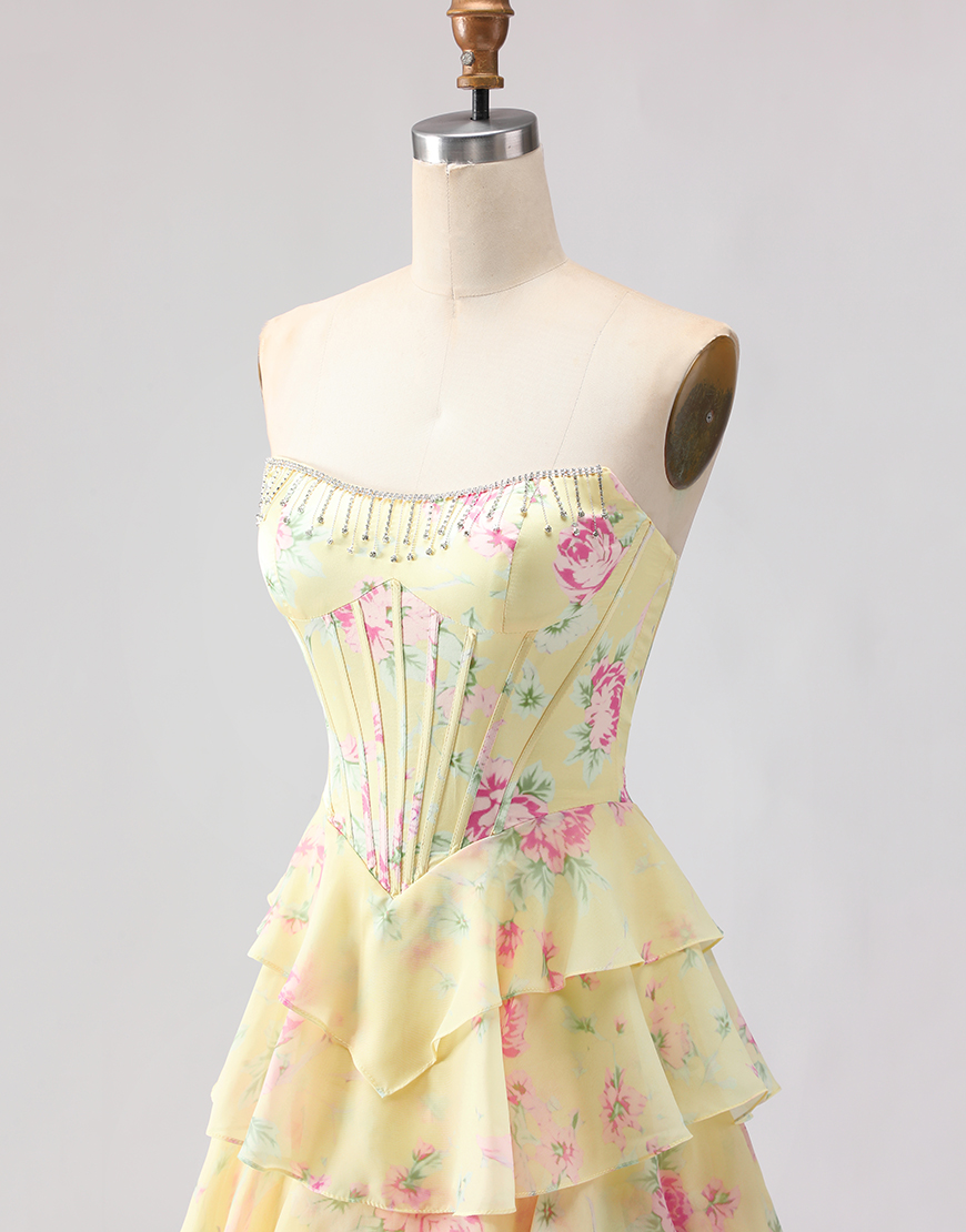 Sparkly Blue Floral Corset Long Ruffled Prom Dress with Slit