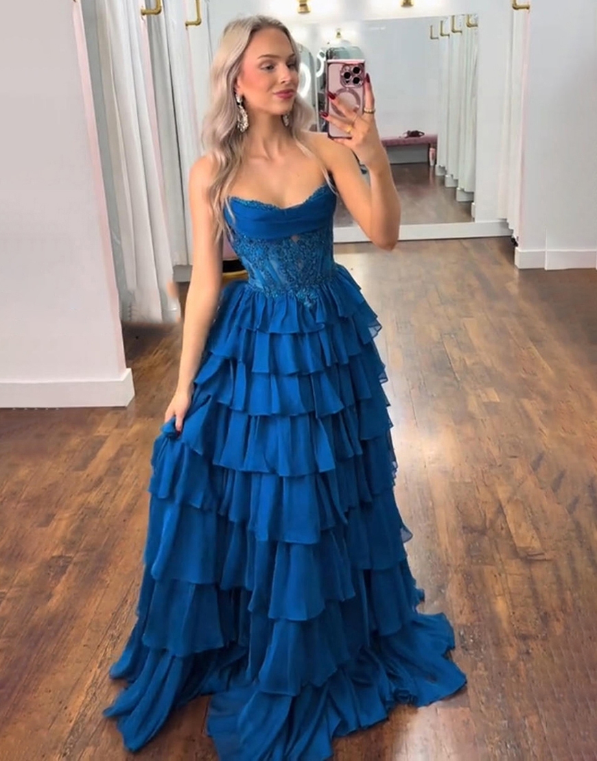 Sparkly Orange A Line Strapless Long Corset Beaded Prom Dress with Ruffles