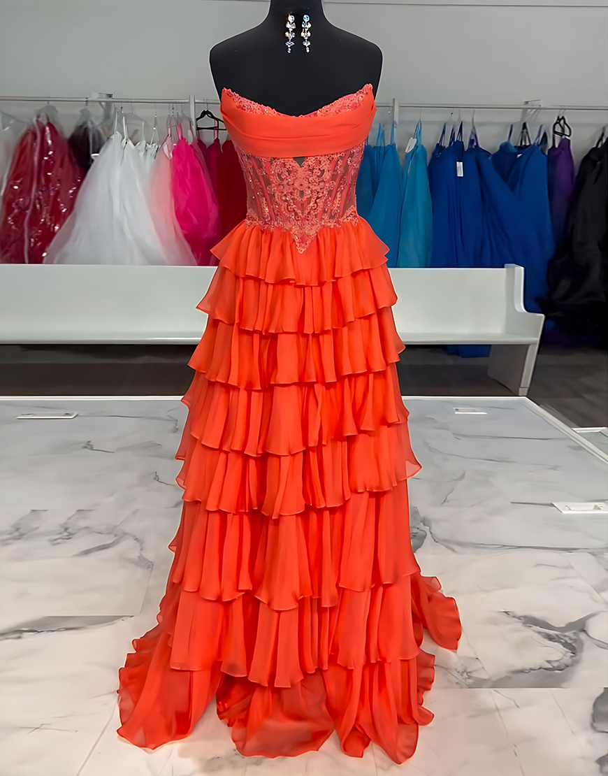 Sparkly Orange A Line Strapless Long Corset Beaded Prom Dress with Ruffles
