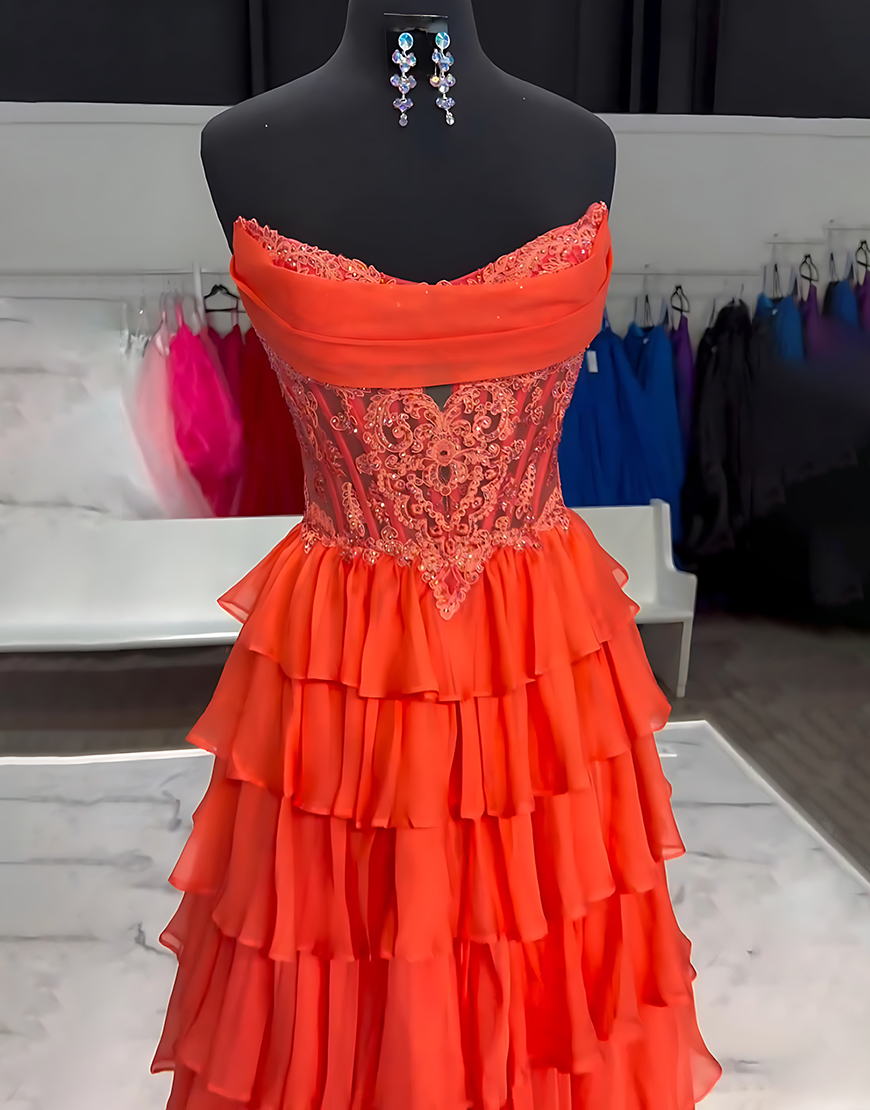 Sparkly Orange A Line Strapless Long Corset Beaded Prom Dress with Ruffles