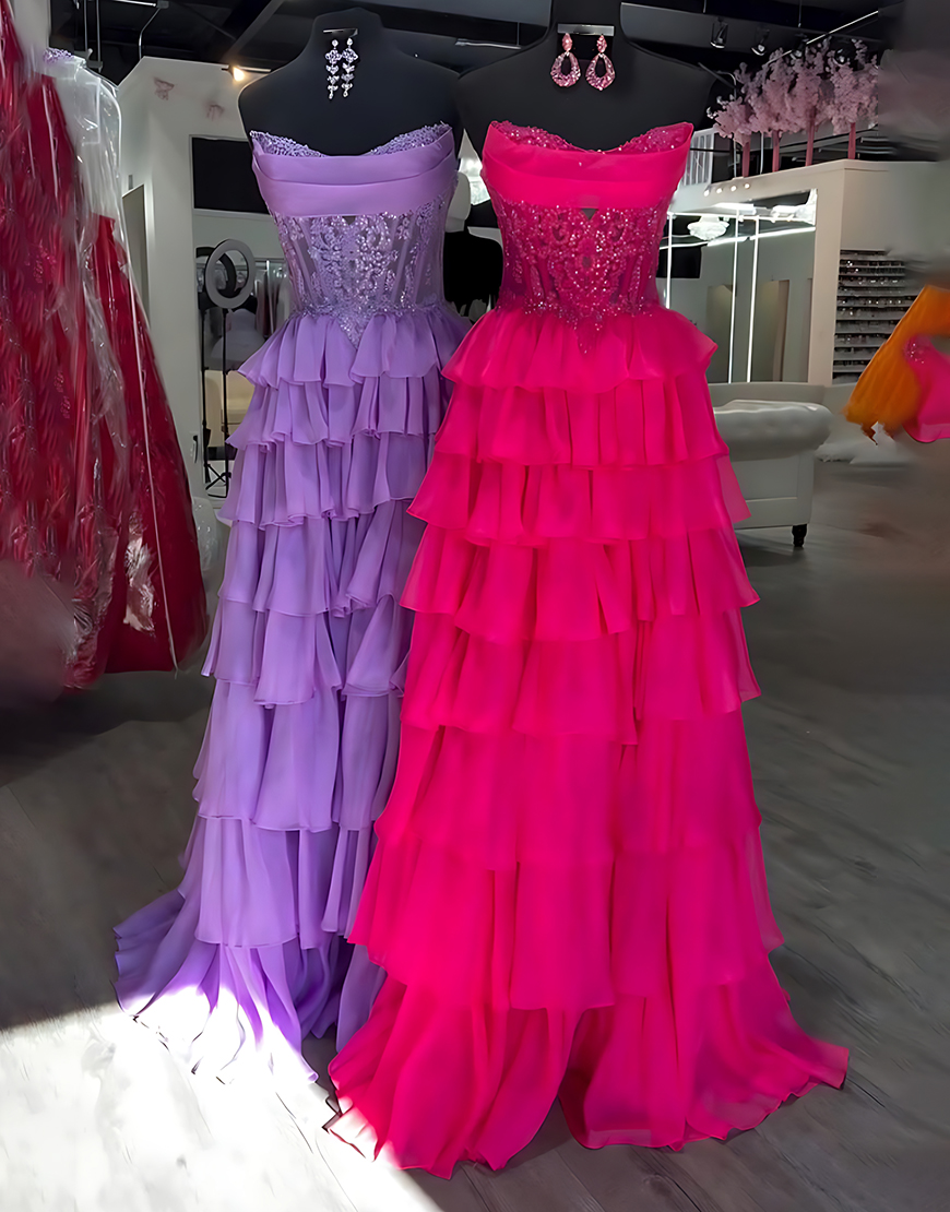 Sparkly Orange A Line Strapless Long Corset Beaded Prom Dress with Ruffles