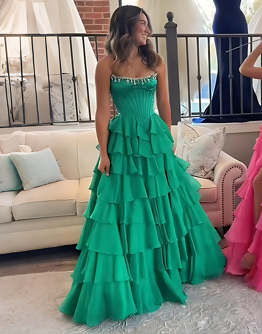 Sparkly Apricot Strapless Ruffled Corset Long Prom Dress with Beading