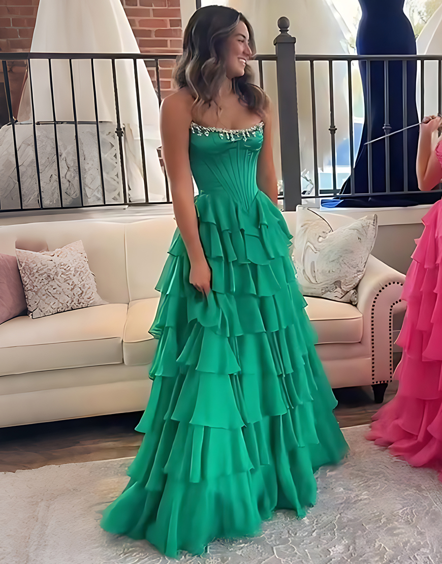 Sparkly Apricot Strapless Ruffled Corset Long Prom Dress with Beading