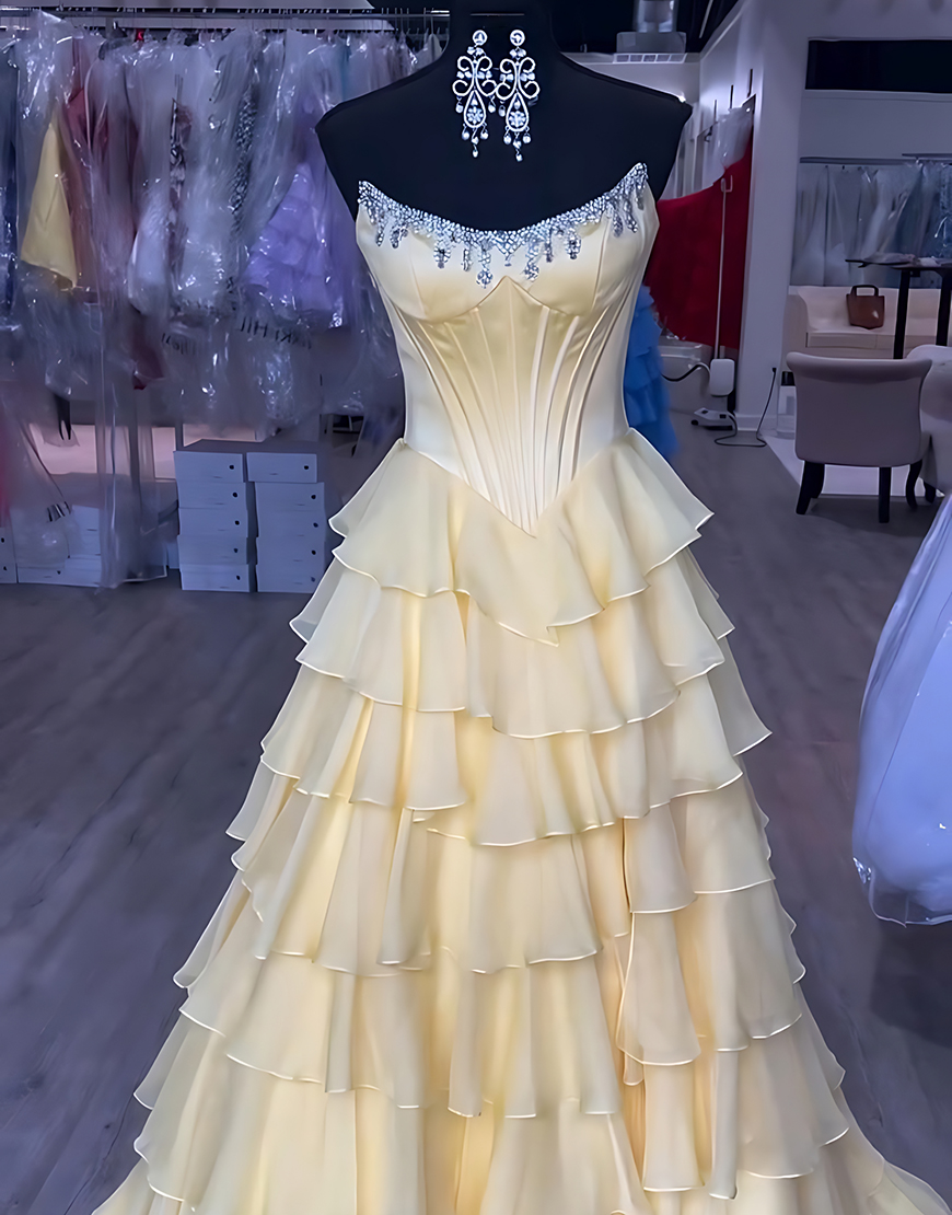 Sparkly Apricot Strapless Ruffled Corset Long Prom Dress with Beading