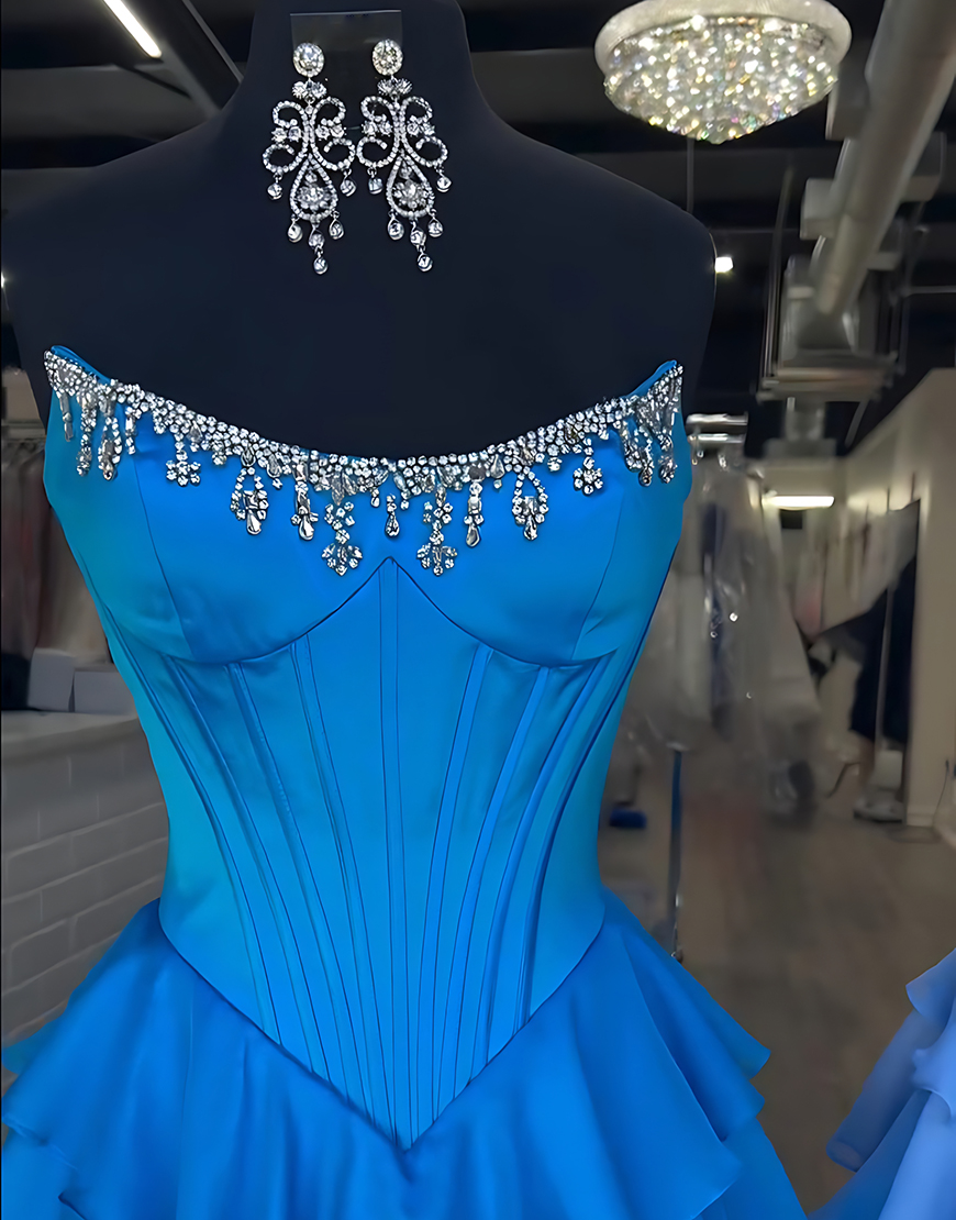 Sparkly Apricot Strapless Ruffled Corset Long Prom Dress with Beading