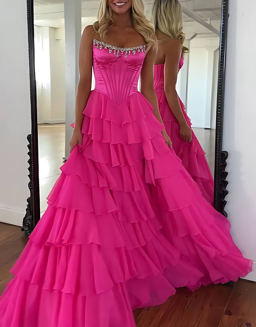 Sparkly Apricot Strapless Ruffled Corset Long Prom Dress with Beading