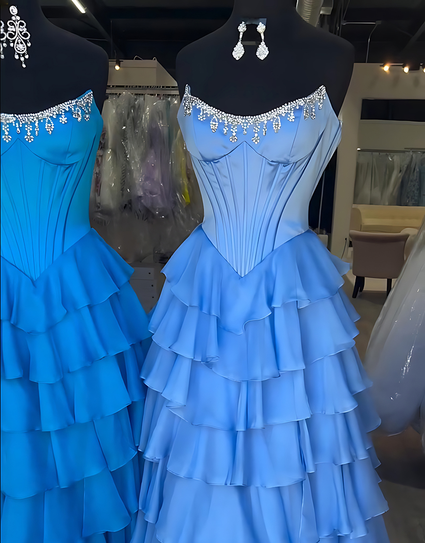 Sparkly Apricot Strapless Ruffled Corset Long Prom Dress with Beading