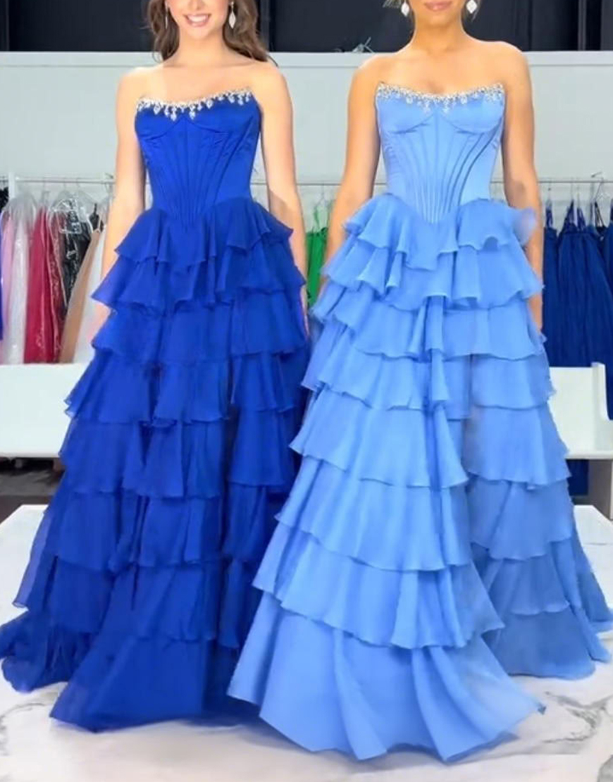 Sparkly Apricot Strapless Ruffled Corset Long Prom Dress with Beading