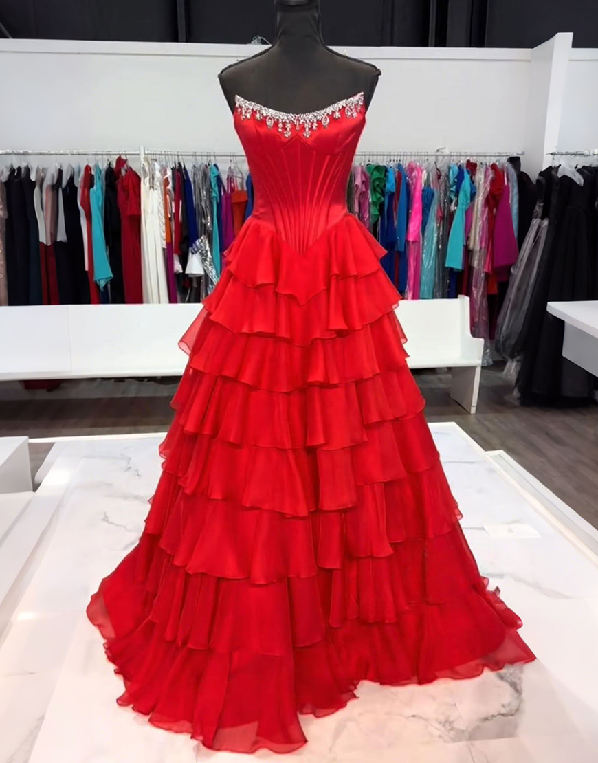 Sparkly Apricot Strapless Ruffled Corset Long Prom Dress with Beading