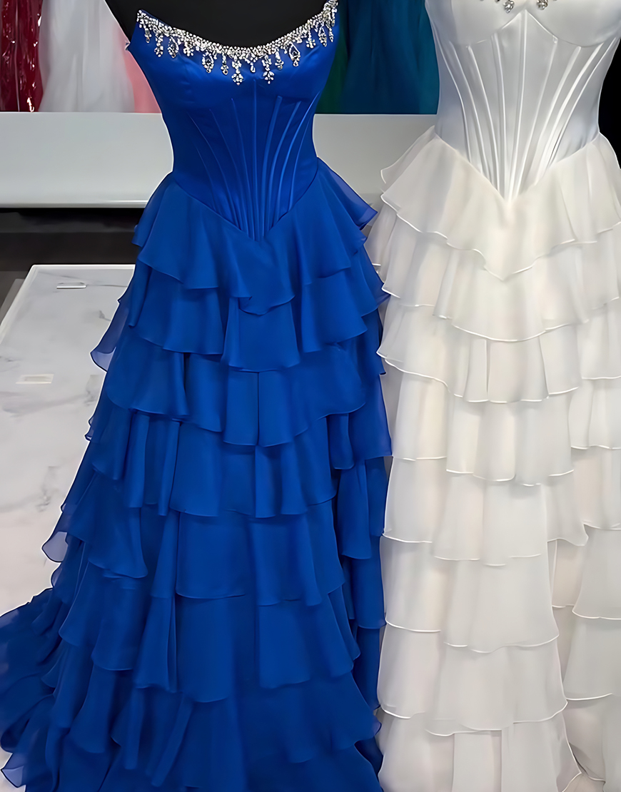 Sparkly Apricot Strapless Ruffled Corset Long Prom Dress with Beading