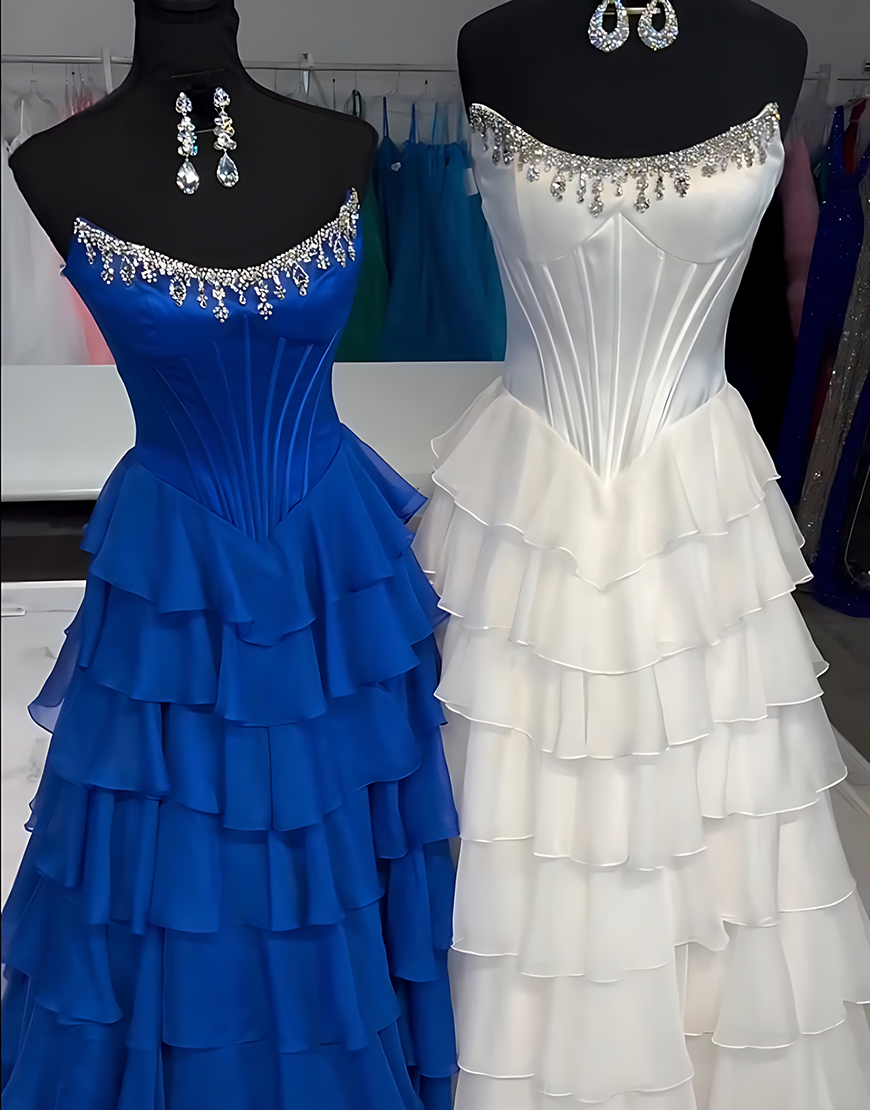 Sparkly Apricot Strapless Ruffled Corset Long Prom Dress with Beading