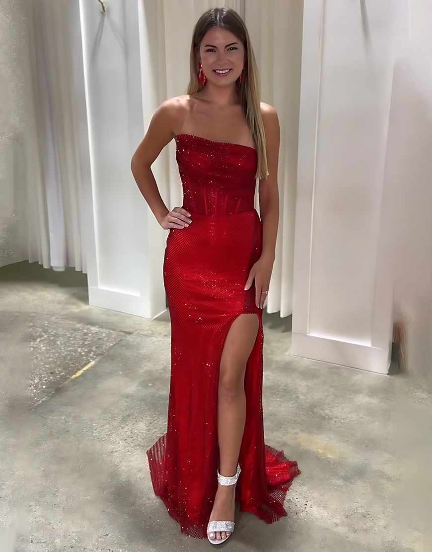Sparkly Red Mermaid Corset Strapless Beaded Long Prom Dress with Slit