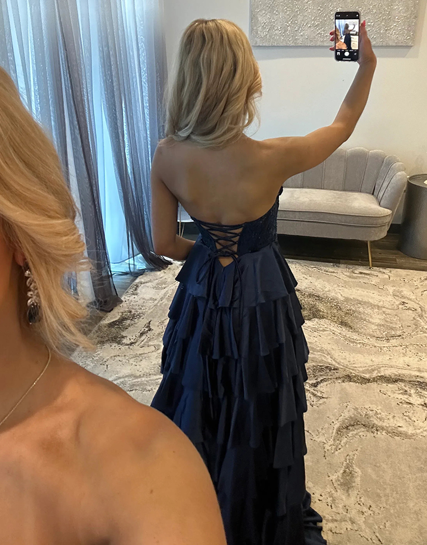 Sparkly Navy Satin A Line Ruffled Corset Long Prom Dress with Beading
