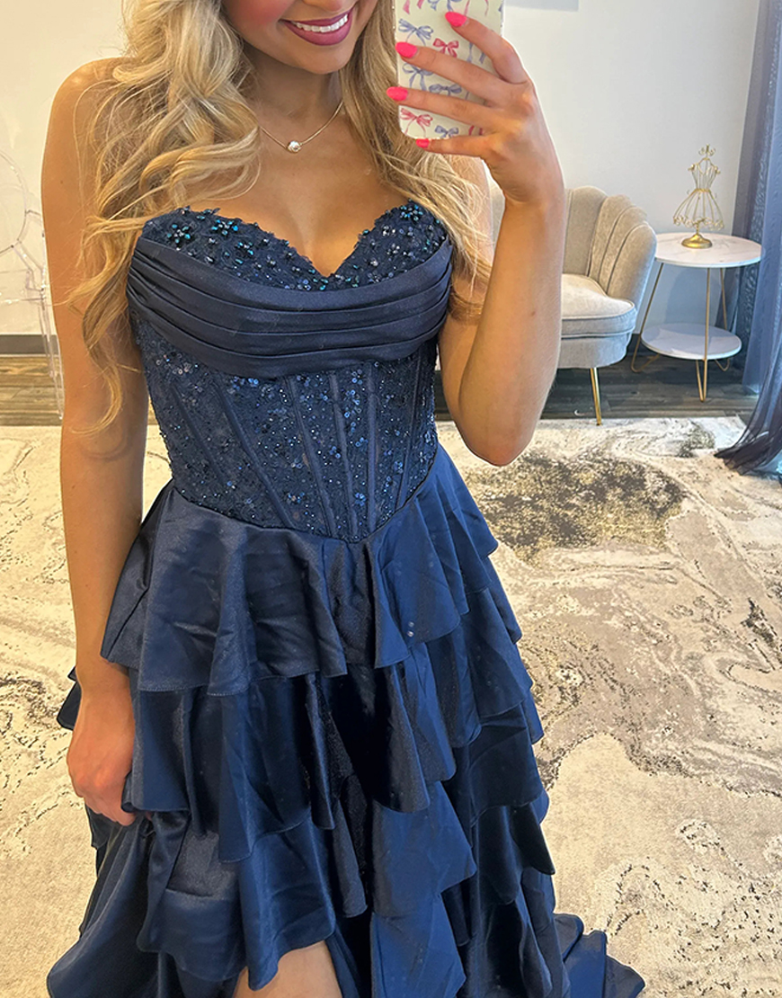 Sparkly Navy Satin A Line Ruffled Corset Long Prom Dress with Beading