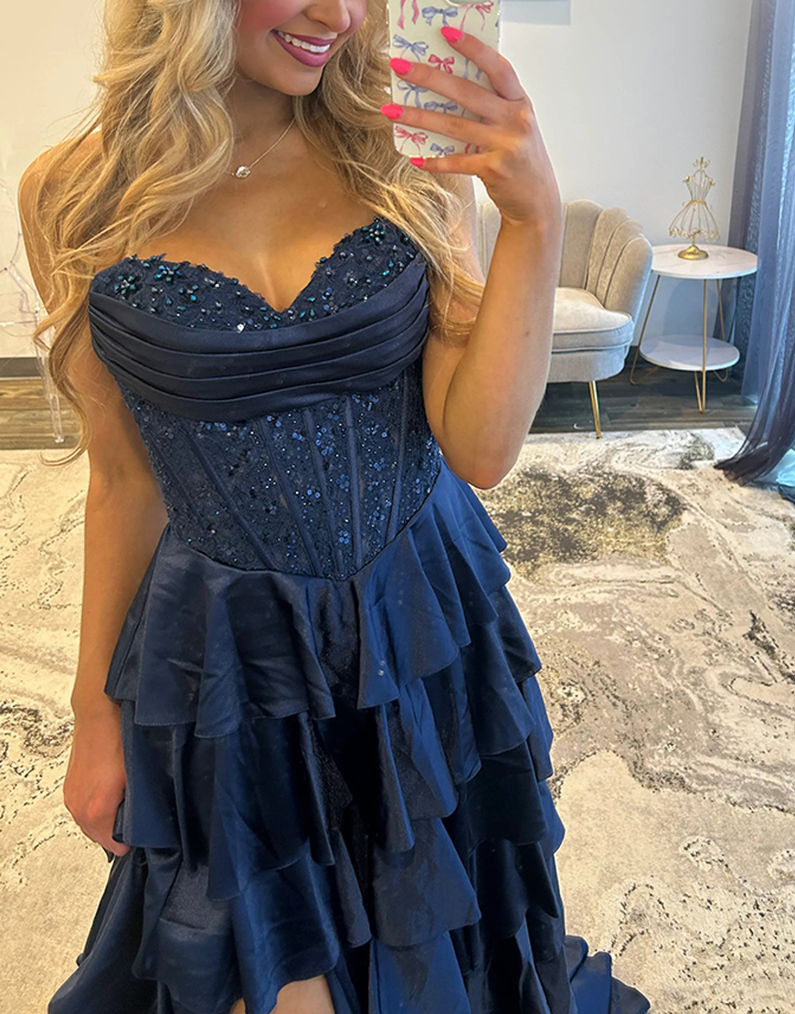Sparkly Navy Satin A Line Ruffled Corset Long Prom Dress with Beading