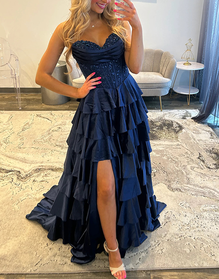 Berlinnova Women Sparkly Navy Satin Long Corset Prom Dress with Ruffles Beaded Sweetheart A Line Tiered Formal Dress