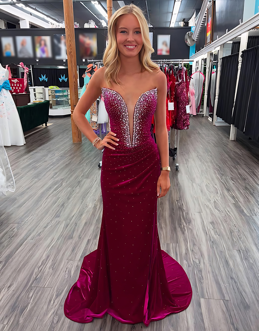 Sparkly Burgundy Mermaid Strapless Long Velvet Prom Dress with Beading