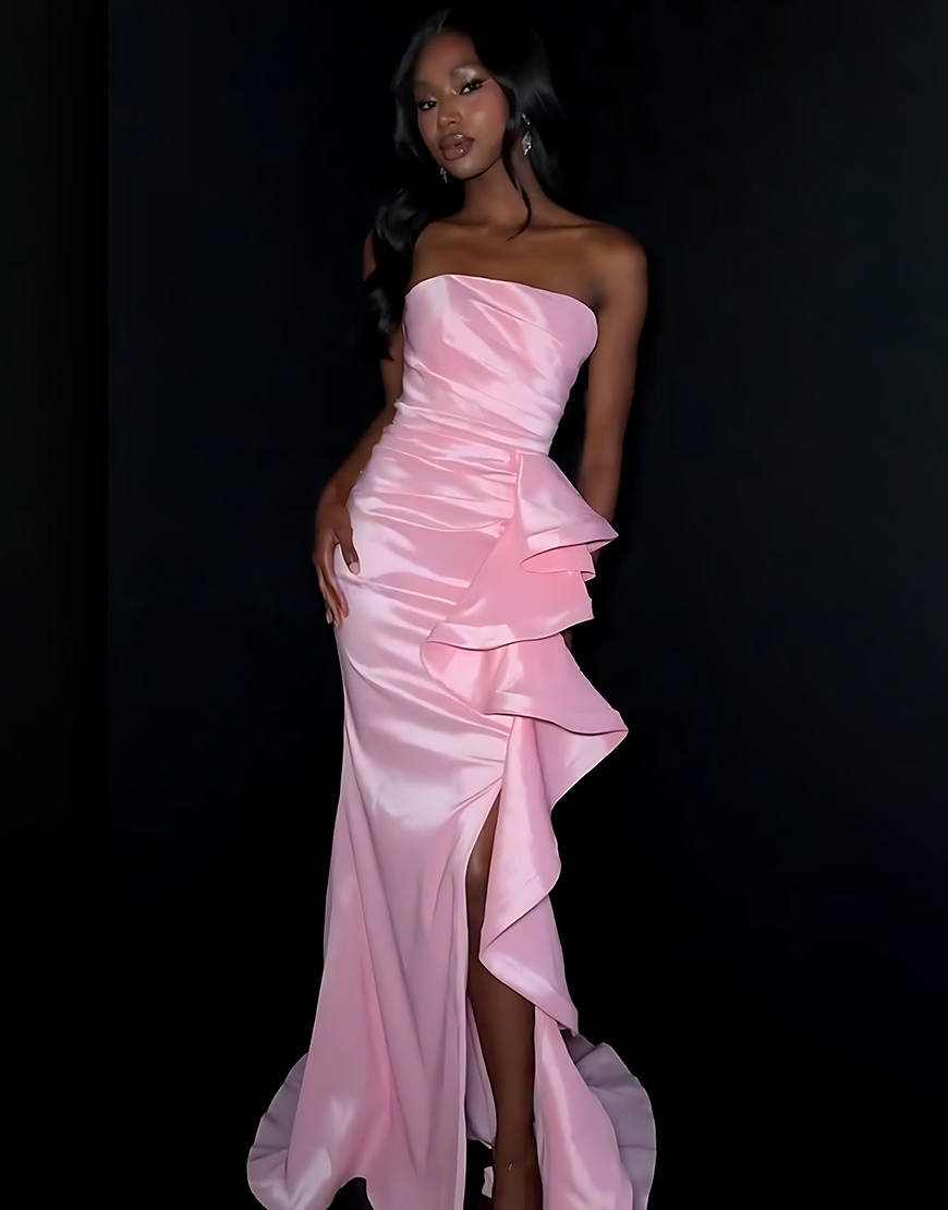 Royal Blue Strapless Mermaid Long Satin Prom Dress with Ruffles