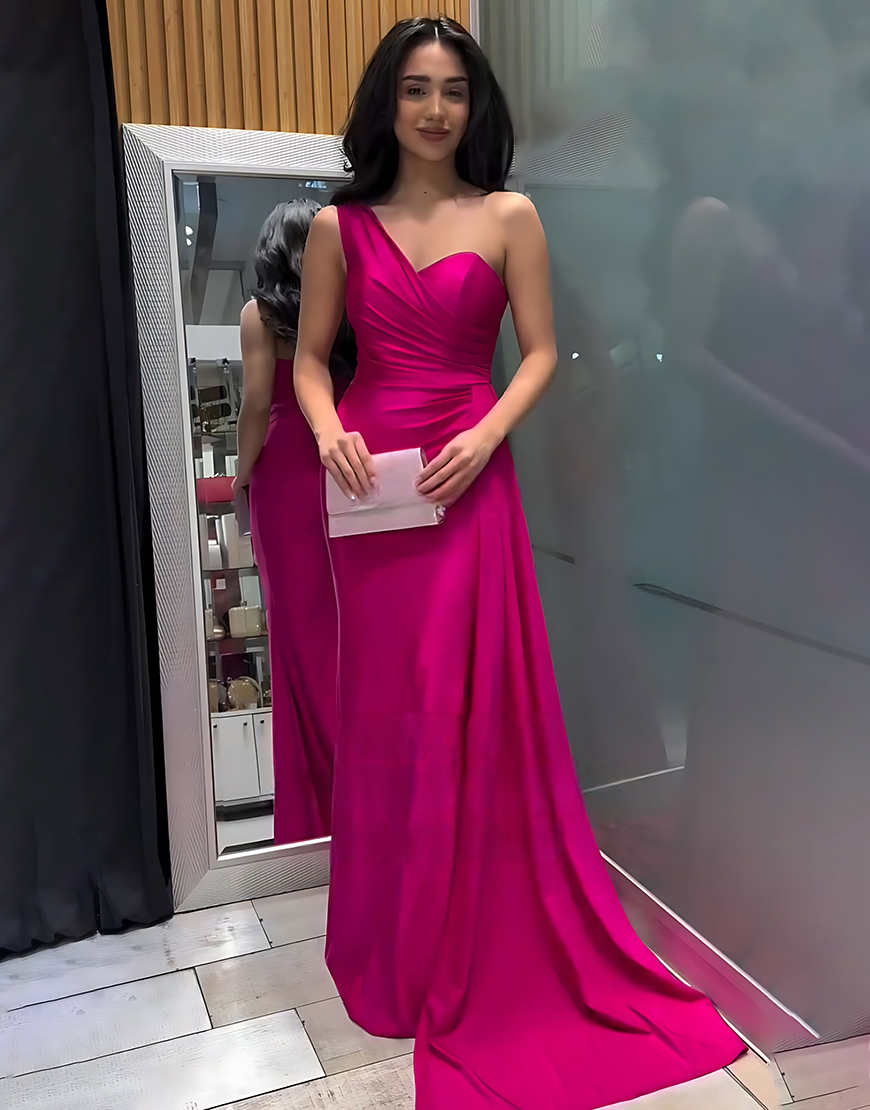 Fuchsia One Shoulder Sheath Satin Long Prom Dress