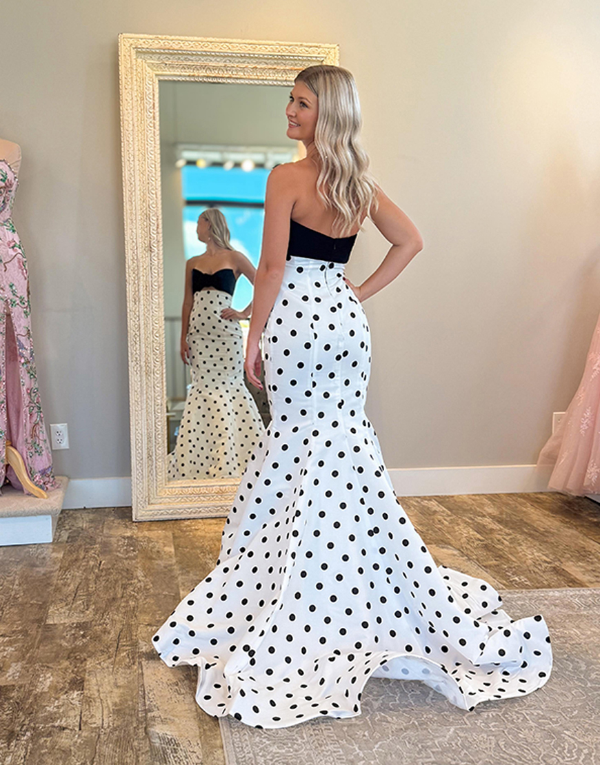 White Black Dot Mermaid Sweetheart Cut Out Long Prom Dress