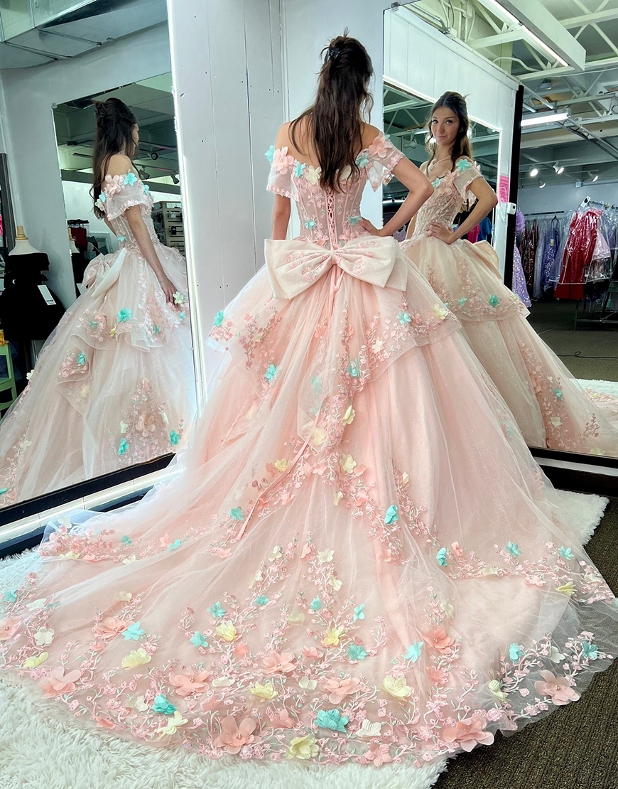 Pink Off the Shoulder Appliqued Princess Tulle Sweep Train Quinceanera Dress with Bow