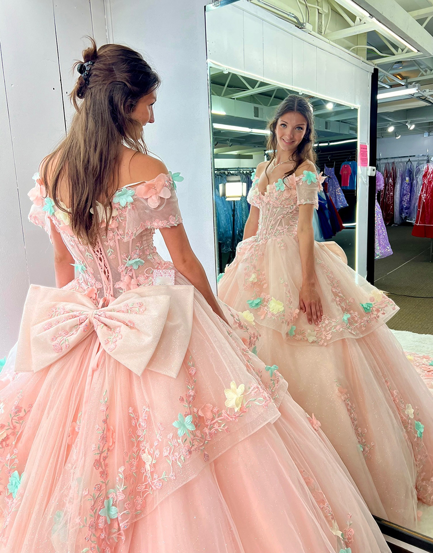 Pink Off the Shoulder Appliqued Princess Tulle Sweep Train Quinceanera Dress with Bow