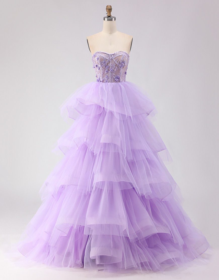 Sparkly Purple Corset Beaded Floral Strapless Tulle Long Prom Dress with Ruffles