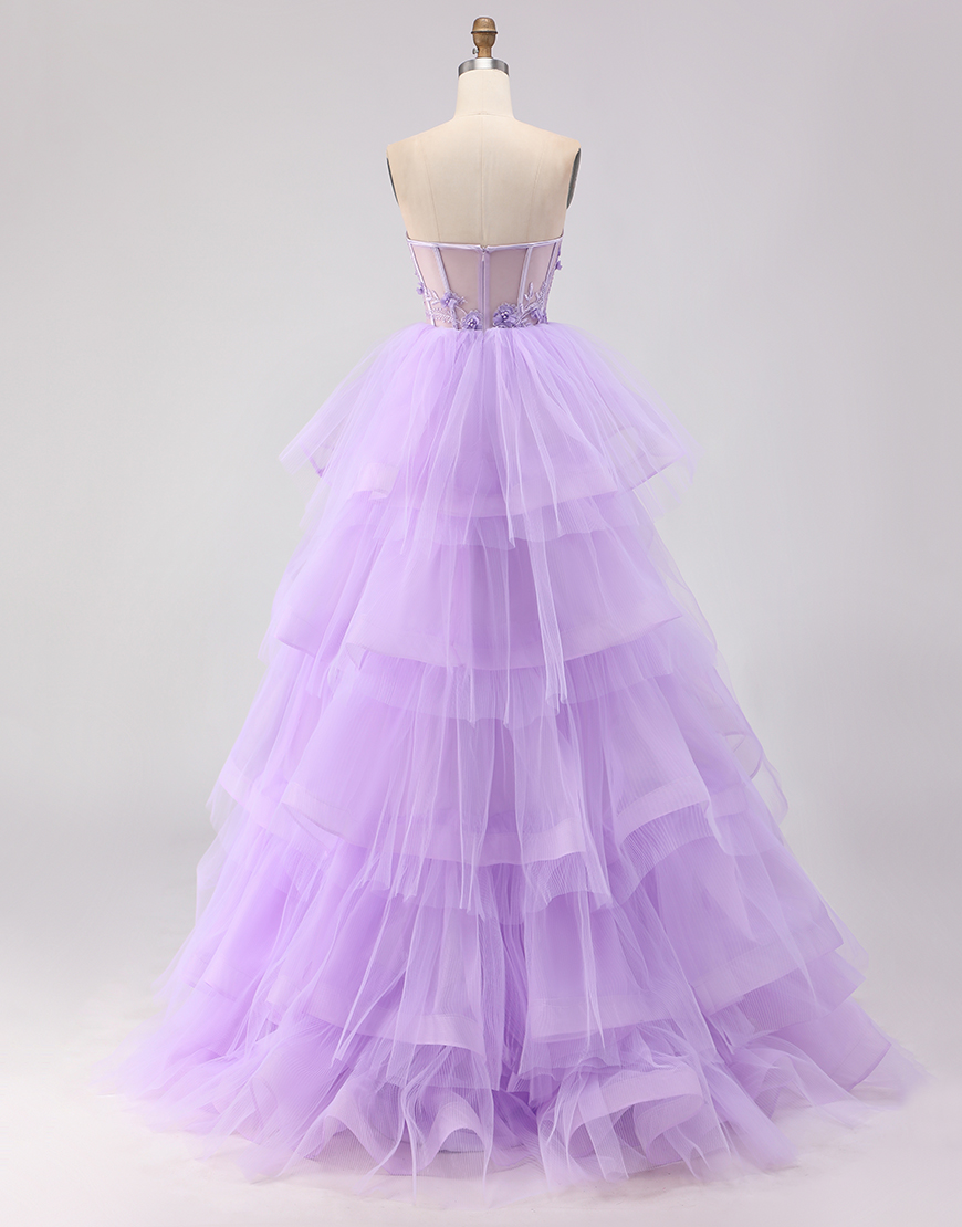 Sparkly Purple Corset Beaded Floral Strapless Tulle Long Prom Dress with Ruffles