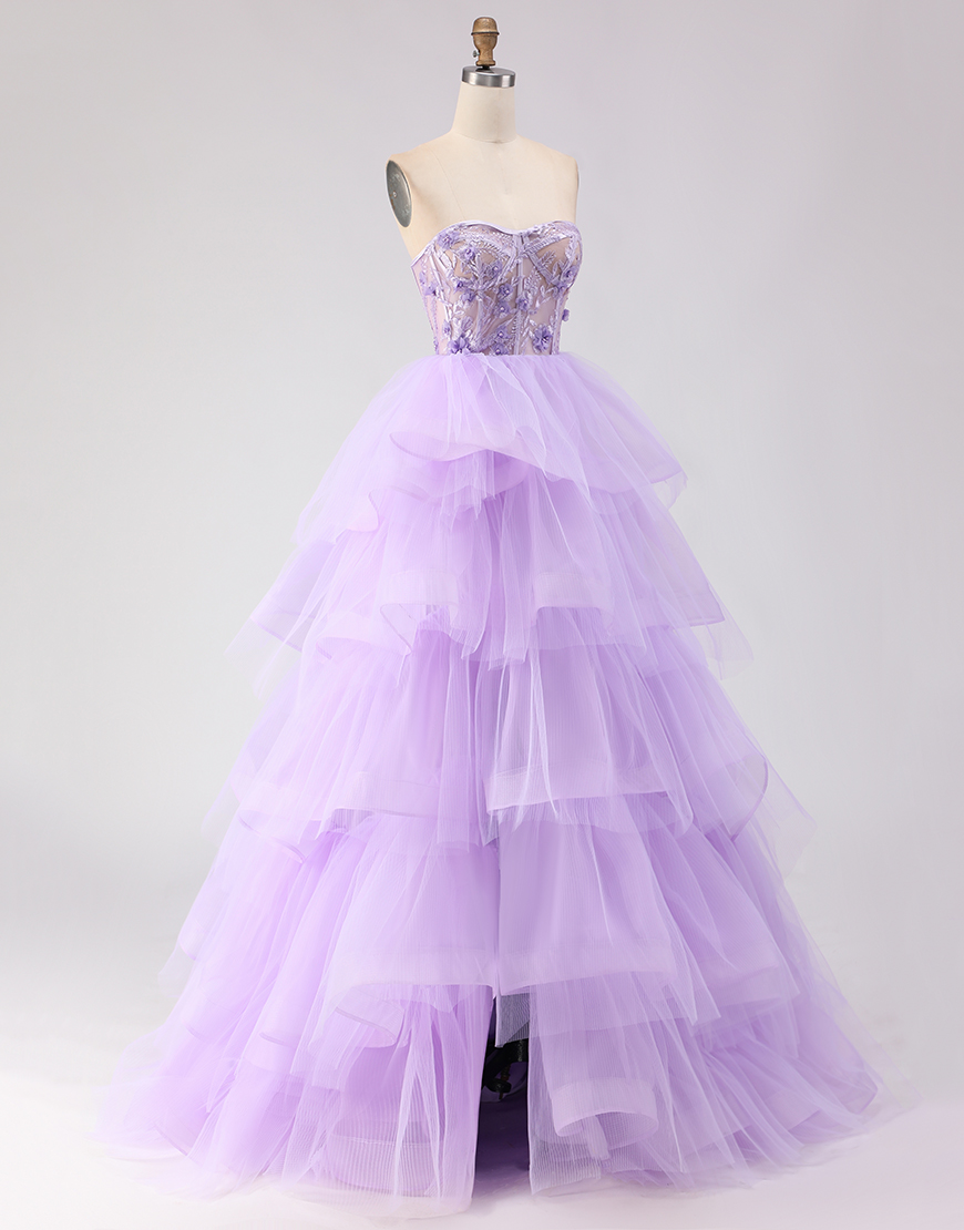 Sparkly Purple Corset Beaded Floral Strapless Tulle Long Prom Dress with Ruffles