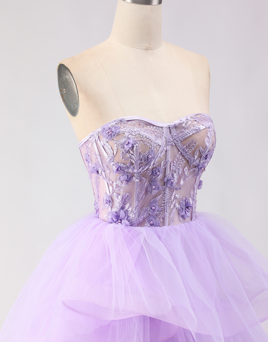 Sparkly Purple Corset Beaded Floral Strapless Tulle Long Prom Dress with Ruffles