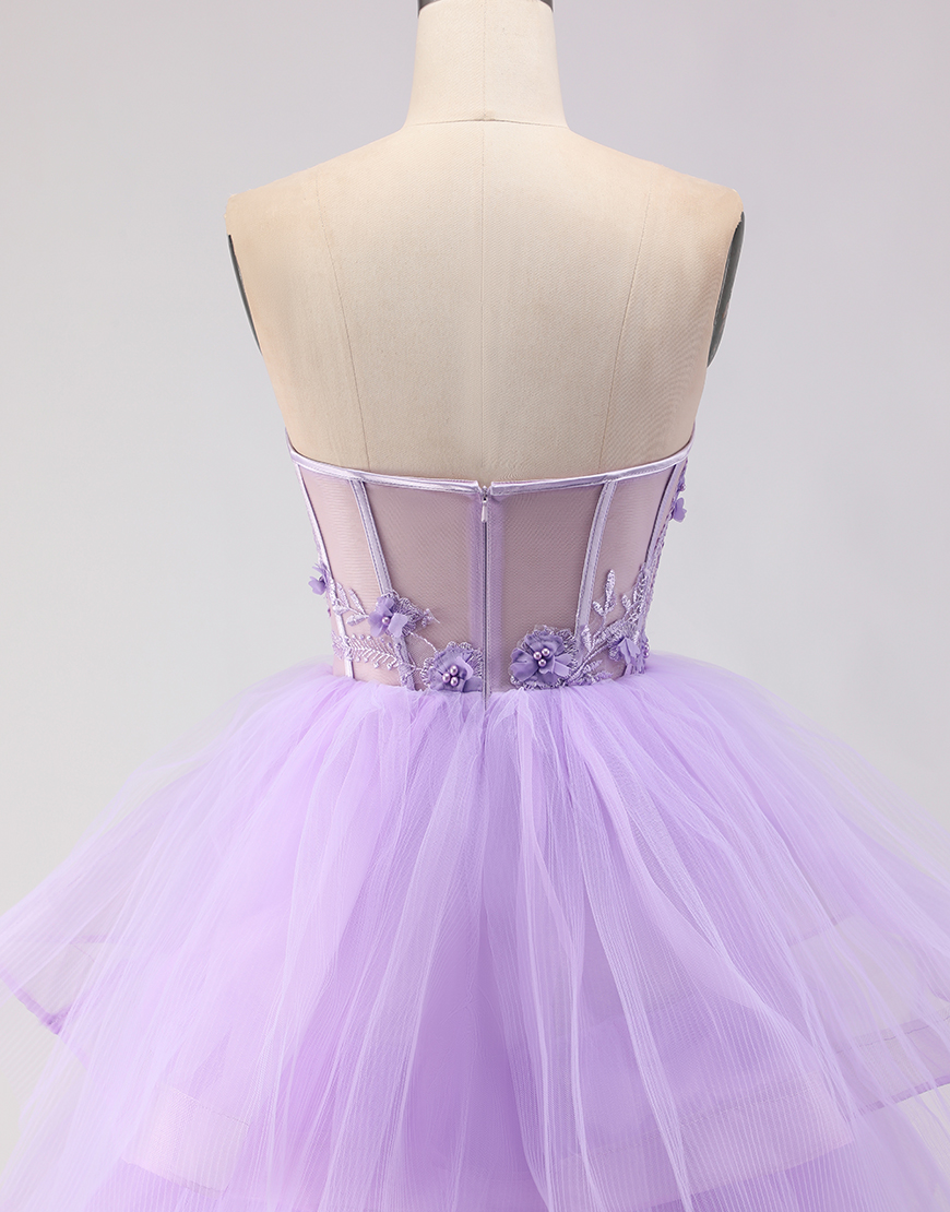 Sparkly Purple Corset Beaded Floral Strapless Tulle Long Prom Dress with Ruffles