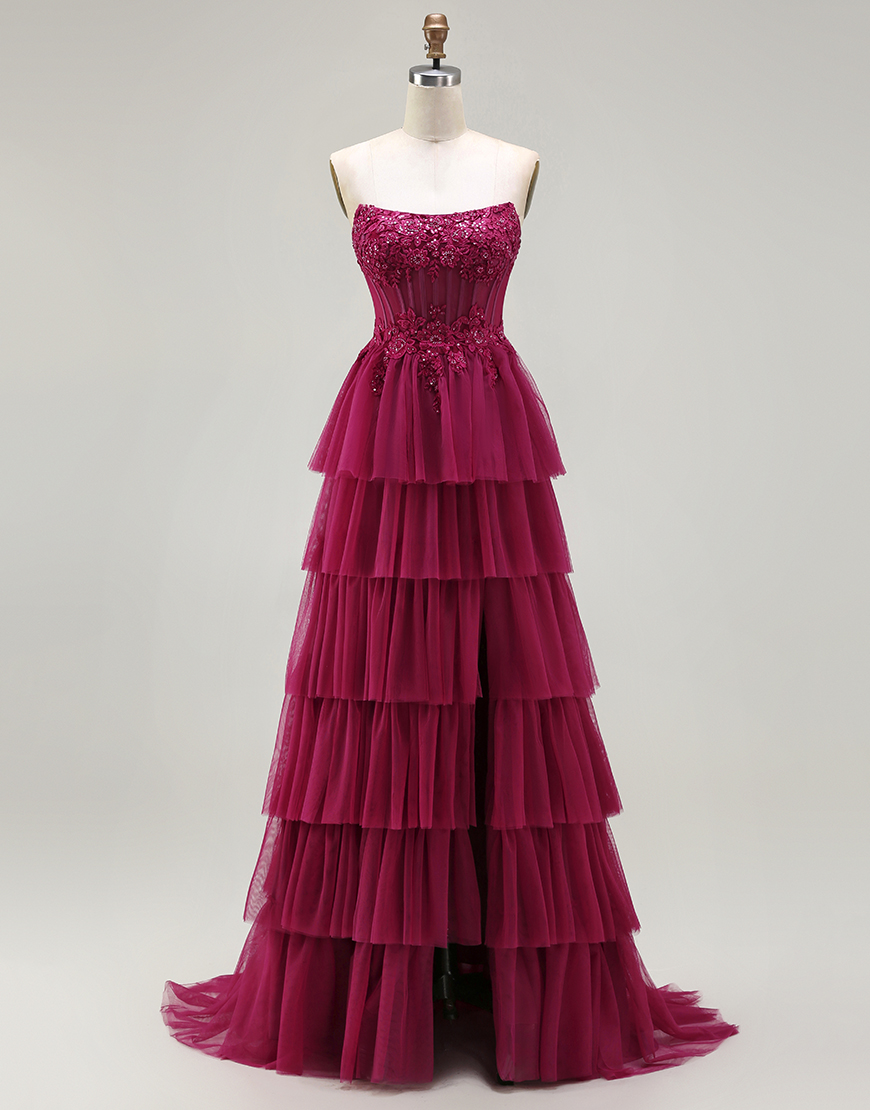 Sparkly Floral Fuchsia Corset Beaded Tiered Long Prom Dress with Slit